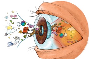 Illustrations eines Auges, das das Sehen bildlich darstellt, Gegenstände sind auf dem Augenhintergund gespiegelt dargestellt