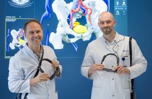 Zwei Ärzte stehen vor einem 3D-Bild eines Beckens