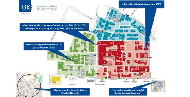 Zeigt Lageplan des UKE mit den Standorten der Allgemeinmedizin