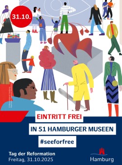 Plakat zu #seeforfree mit bunten Figuren in einem Museum