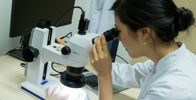 Ärztin oder Wissenschaftlerin am Mikroskop