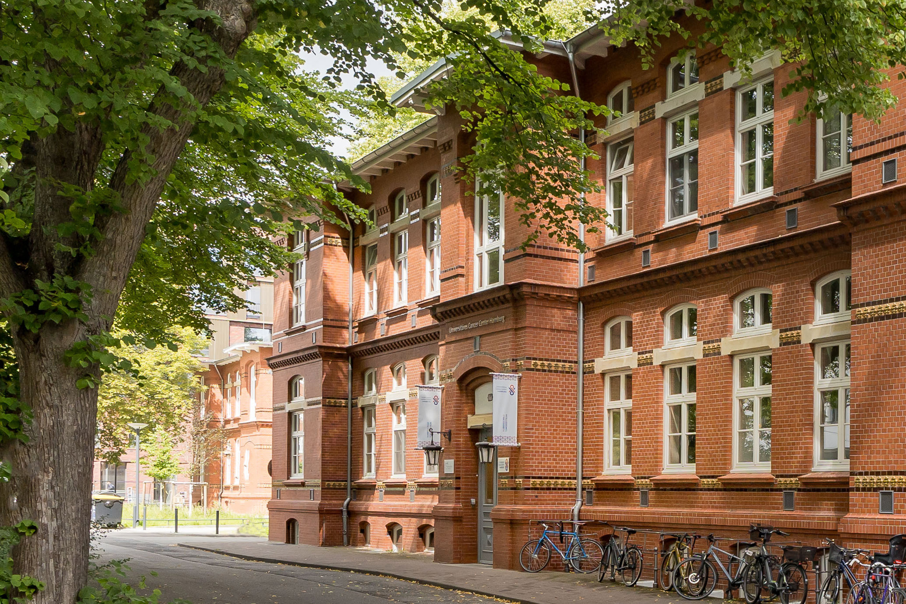 Brick building of the UCC Hamburg's central contact point O43 with a tree in front of it on the UKE grounds.